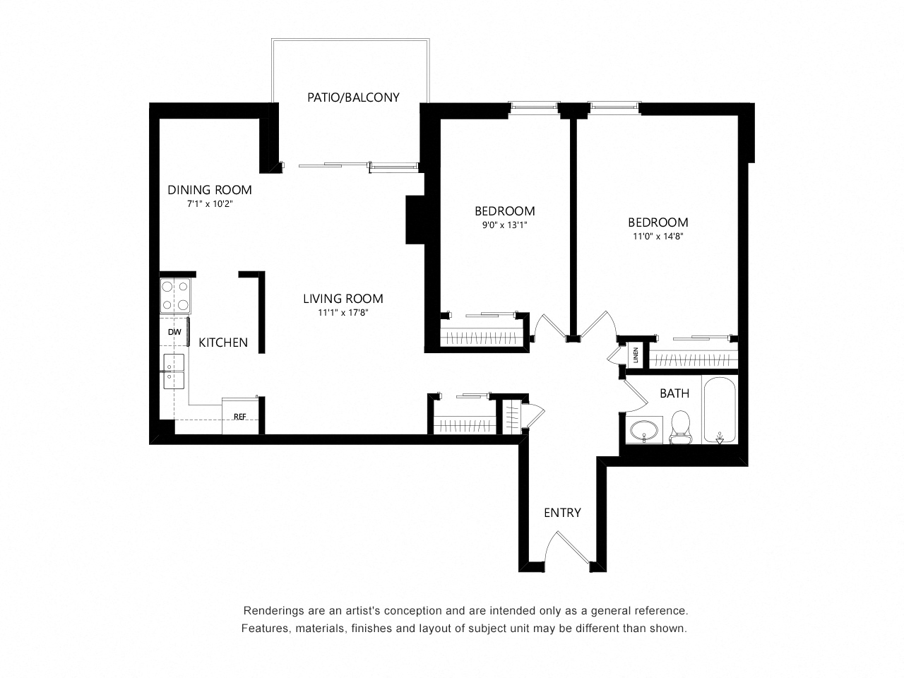 Floor plan for 2 beds, 1 bath, 948 sqft